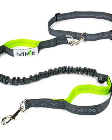 Tuff Mutt Hands-Free Waist Leash for Dog Walking, Running and Hiking, Adjustable Belt with Double Handle, Reflective Bungee Design for Large & Medium Dogs
