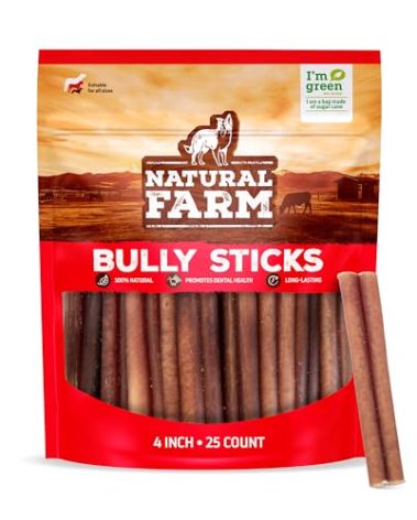 Natural Farm Odor Free Bully Sticks (4 Inch, 25 Pack) for Small & Medium Dogs - 100% Beef Chews for Pups, Non-GMO, Grain-Free, Fully Digestible Long Lasting Dog Treats