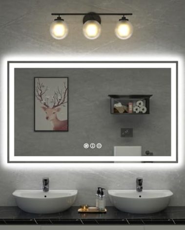 miskerm 60"x 36" LED Bathroom Mirror, Double Lighting Sources Dimmable, Backlit + Front Lit, Anti-Fog, Stepless Dimmable, Lighted Bathroom Vanity Mirror for Wall Tempered Glass (Horizontal/Vertical)