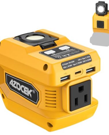Azocek 220W Power Inverter Compatible with Dewalt 20V Battery, DC 20V to AC 110V Portable Power Station with 1 AC Outlet, 2 USB Ports & 1 Type-C Fast Charging, 400LM LED Work Light