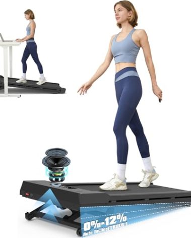 PACEROCKER Walking Pad Treadmill with 12% 9-Level Auto Incline, 450 lbs Capacity Bluetooth Speaker Under Desk Treadmills for Home Hiking, 5 MPH, Black
