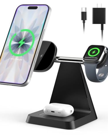 Charging Station for Multiple Devices Apple : 3 in 1 Magnetic Wireless Charger Stand for MagSafe - Nightstand/Office Charging Dock for iPhone 17 16 15 14 13 12 Pro Max Plus&Apple Watch&Airpods