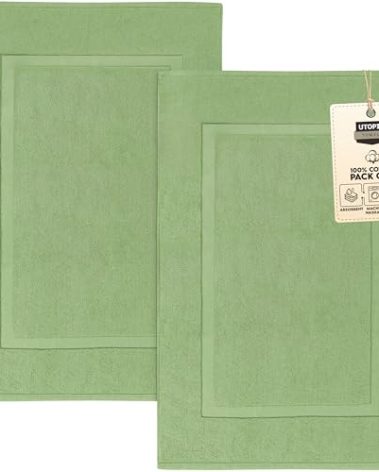 Utopia Towels Cotton Banded Rug, Bath Mats, Not a Bathroom Rug, 21 by 34 Inches, 100% Ring Spun Cotton, Highly Absorbent Shower Bathroom Floor Mat, Sage Green, 2 Pack