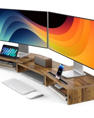 AMERIERGO Dual Monitor Stand Riser- 3 Shelf Screen Stand with Adjustable Length and Angle, 2 Extra Functional Slot Desktop Organizer Stand for PC, Computer, Laptop (Rustic Brown)