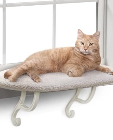 K&H Pet Products Kitty Sill Cat Window Perch for Large Cats, Orthopedic Window Hammock Bed Holds 40LBS, Washable Cover, Kitty Windowsill Bed Seat for Indoors - Cream Fleece, Unheated, 14 X 24in