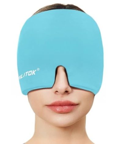 EXQUISLIFE Migraine Headache Relief Cap, Gel Ice Head Wrap, Hot and Cold Therapy, Headache Eyes Mask for Sinus, Puffy Eyes, Tension and Stress Relief (Blue)