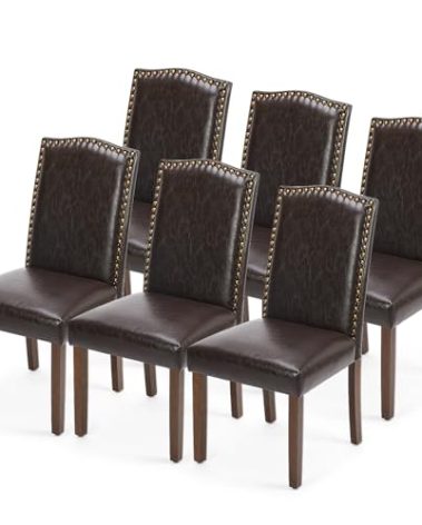 DUMOS Dining Chairs Set of 6, Moden PU Leather Kitchen Table Chairs with Wooden Legs and Padded Seat for Dining Room/Kitchen/Living Room/Restaurant, Brown