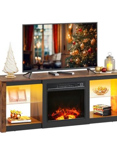 WLIVE 58 Inches Fireplace TV Stand with LED Lights, Modern Entertainment Center with 18'' Electric Fireplace & Adjustable Glass Shelves, Sturdy Media Console for Living Room, Bedroom,Gaming (Brown)