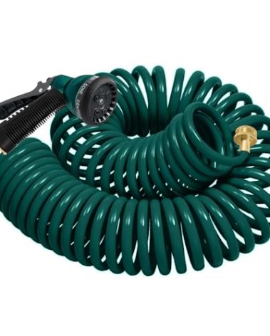 Coil Hose 25FT EVA Coil Garden Hose With 3/4'' Brass Connector Coiled Water Hose Lightweight And No Kink Includes 7 Patterns Spray Nozzle For Outdoors Lawn Watering Car Washing