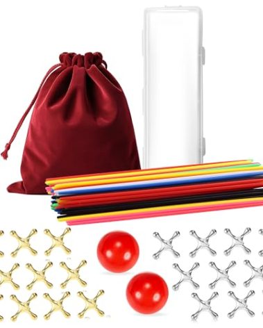 VVSBPL Classic Pick Up Sticks and Jacks Game with Ball Set, Includes Red Rubber Balls, Gold and Silver Metal Jax, Colorful Pick Up Sticks, Storage Box and Bag, Fun Retro Game for Kids Adults Family