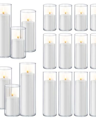 Homjoy 36 PCS White Pillar Candles with Glass Candle Holders Clear Hurricane Candle Holders Glass Cylinder Vases for Centerpieces Wedding Party, Event, Home Office (18 Candles+18 Candle Hoders)