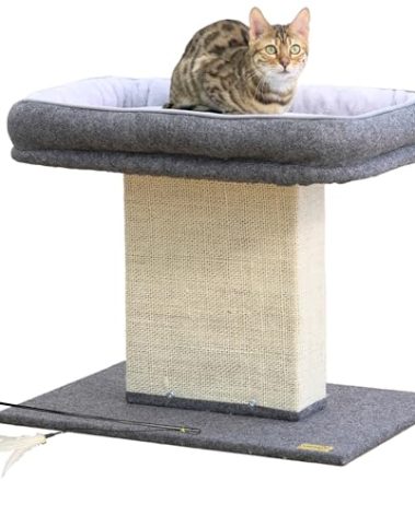 Catry Mellow Cat Perch with Large Washable Felt Bed, Thick Natural Sisal Scratching Mat, Replaceable Parts, Sustainable Cat Furniture with Toy, Grey