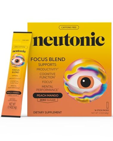neutonic Nootropic Focus Blend Powder | Peach Mango 16 Sticks | Caffeine Free, Zero Sugar | Support Memory, Mental Clarity, Cognitive Function | Boost Focus, Energy, Brain Health