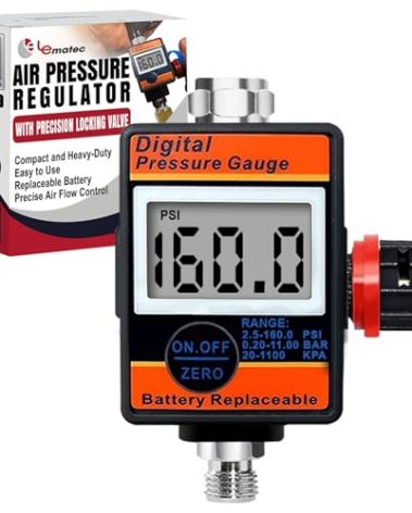 LE LEMATEC Digital Air Pressure Regulator with Locking Valve for Air Slip Prevention, 1/4 NPT Inline Airflow Regulator Up to 160 PSI for Air Compressor, HVLP Spray Paint Gun & Pneumatic Tools (DAR03B)