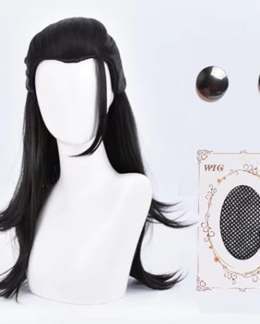 Geto Cosplay Wig with Earrings Black Anime Wig Long Straight Wig with Cap for Cosplay Show,Halloween Costume Party,Theme Party