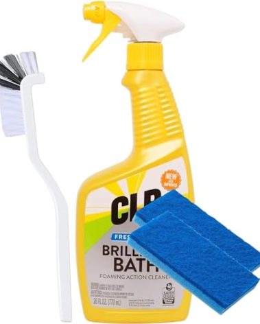 CLR Brilliant Bath 26oz | Calcium Lime Rust Remover Bathroom Cleaner Kit | Excellent CLR Brilliant Bath Kitchen & Bathroom Cleaning Kit With Two Scrubber Sponges & Grout Brush