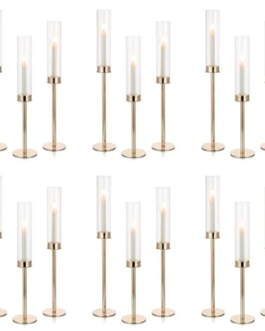NUPTIO Candle Holders for Table Centerpiece: 18 Pcs 23.6 & 21.7 & 19.7 in Tall Gold Hurricane Candlesticks Holder with Glass Cylinder Cover Bulk Taper Candles Sticks Stand for Thanksgiving Party Decor