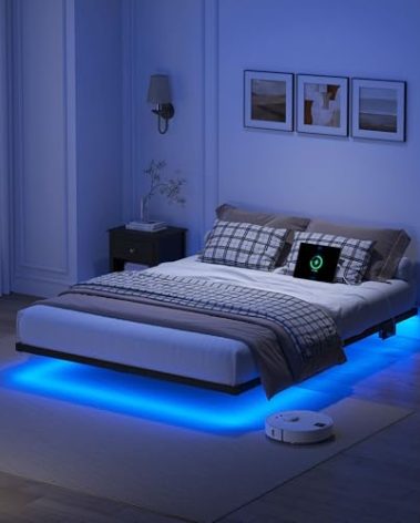 YORMDMO Floating Bed Frame Queen Size, Heavy Duty Bedframe with Smart LED Lights & Charging Station, Modern Metal Platform Bed, Easy Assembly No Box Spring Needed, 8 Inch