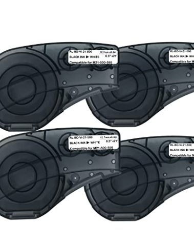 SIKOT Compatible Label Tape Replacememt for M21-500-595-WT Cartridge Ribbon, 1/2 inches Adhesion Vinyl Labels Tape, Work with BMP21-PLUS/LAB M210 M211 Printer,21' Length 0.5" Width-4 Roll
