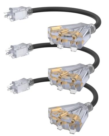 2FT 12 Gauge Outdoor Extension Cord with 3-Outlets, 3Pack, Heavy Duty 3 Prong Extension Cord Waterproof with Lighted end, 15A 12AWG 1875W SJTW, ETL Listed, Black