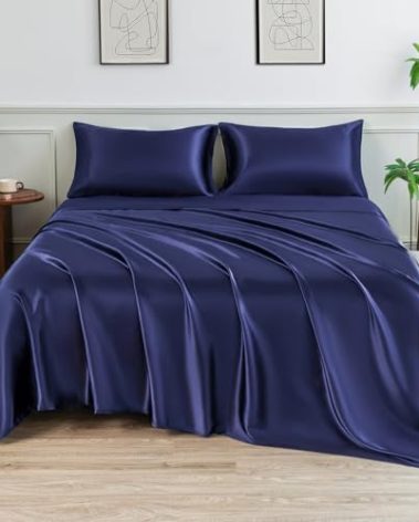 LIFCOM Satin Sheets Twin Size Bed Set,Similar to Silk Sheets,3Pcs Luxury Satin Sheet Set with 15 Inches Deep Pocket (Twin,Navy Blue)