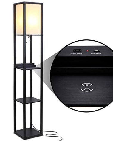 Brightech Maxwell – Modern Shelf Floor Lamp with USB Ports, Wireless Charging & Outlet – Versatile Corner Display and Lamp with Shelves, Storage Solution for Living Room, Office, Bedroom – Black