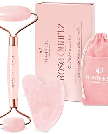 PLANTIFIQUE Face Roller and Gua Sha Rose Quartz Certified | Gifts | Guasha Tool for Face | Jawline Shaper | Your Skin Care Routine