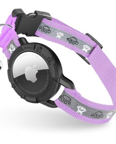 Reflective AirTag Cat Collar, Integrated Cat Tracker Collar with Air Tag Holder and Bell, Safety Elastic Band Cat GPS Collars for Girl Boy Cats, Kittens and Puppies (Lilac,XS)