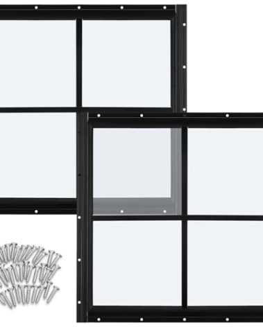 Tandefio 2 Pack 18'' x 18'' Black Flush Mount Shed Transom Window with Tempered Glass Household Windows with Screws for Chicken Coop Sheds Barns Playhouse