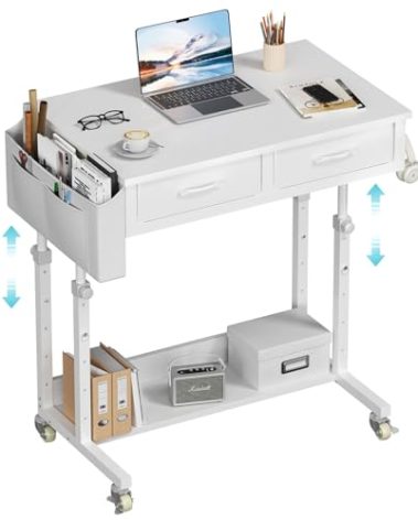 WINAZ Small White Portable Rolling Standing Desk with Drawers, 32 Inch Adjustable Mobile Stand up Teacher Desks with Wheels, Couch Sofa Side Laptop Table with Storage for Bedroom Home Office