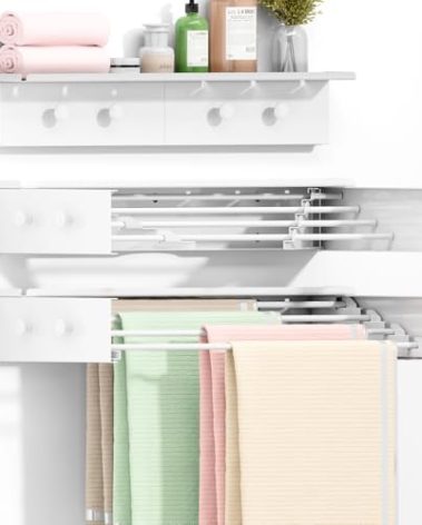 BAKON Wall Mounted Drying Rack with 4 Hooks and Shelf, Foldable Clothes Drying Rack for Laundry Room, Collapsible Laundry Rack Wall Mount, for Indoor Outdoor Hanging Clothes, 23.6 Inch