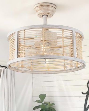 hummingbird 20 Inch Rattan Caged Ceiling Fan with Light, Boho White Fandelier Ceiling Fan with Lights and Remote, Enclosed 6 Speed for Bedroom Kitchen Dining Room