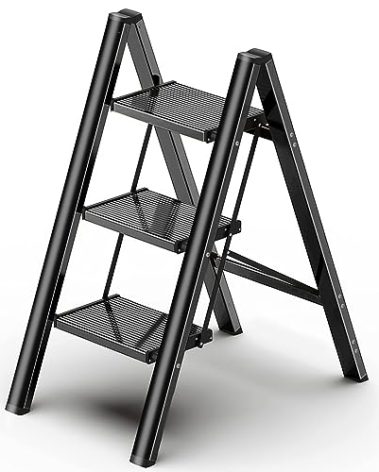 Foldable Step Ladder 3 Stepping Stool-Aluminium Kitchen Step Stools, Folding 330lbs Lightweight Ladders with Anti-Slip Wide Pedal, Portable Kids/Adults Ladder for Library, Closet, Black