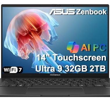ASUS Zenbook 14 AI PC Touchscreen Laptop, Intel Ultra 9 285H, 32GB DDR5, 2TB SSD, 14" FHD+ OLED, 16-Core (> i9-13900H), Backlit, 2x Thunderbolt 4, Wi-Fi 7, 18-Hr Battery, IR Webcam, Win 11 Pro, UX3405