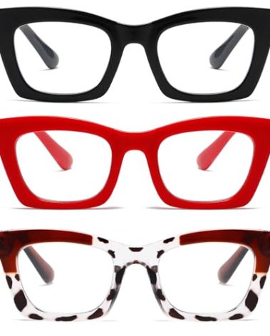 Hubeye Oprah Style Reading Glasses for Women Men Blue Light Blocking Computer Square Readers with Spring Hinge (Black+Brown Leopard+Red,+3.0)