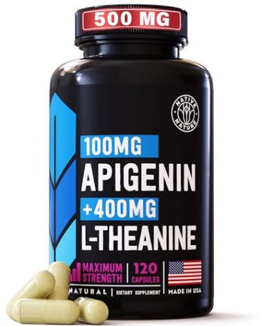 Apigenin with L Theanine supplement - 500mg - Apigenin Supplement for Sleep, Relaxation & Mood - Powerful Bioflavonoid & Antioxidants Found in Chamomile Tea - 120 Vegan caps. NON- GMO. Made in USA