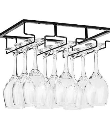 FOMANSH Wine Glass Rack - Under Cabinet Stemware Wine Glass Holder Glasses Storage Hanger Metal Organizer for Bar Kitchen Black