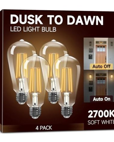 UNILAMP Dusk to Dawn Light Bulbs, Outdoor Light Bulbs, ST64 6W Equivalent 60W, 2700K Soft White, 600LM LED Outdoor Lighting, E26 Base, Photocell Sensor, Auto On/Off Bulb for Porch Patio Garage, 4 Pack