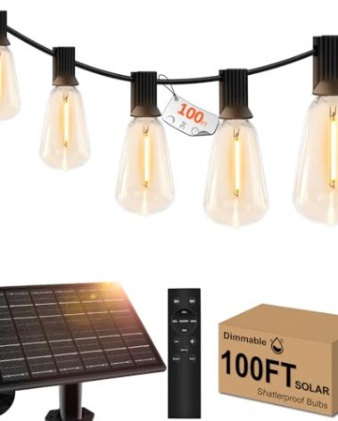 100ft Solar Outdoor String Lights with Remote - USB Rechargeable Solar Powered Outdoor Patio Lights, Larger 3.5W Solar Panel , Timer, Dimmable Shatterproof ST38 Bulbs for Backyard, Porch, Garden, Pool