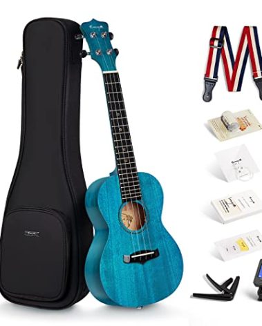 Enya Concert Ukulele 23 Inch Blue Solid Mahogany Top with Ukulele Starter Kit Includes Online Lessons, Tuner,Case, Strap, Strings, Capo, Sand Shaker, Pick,Polish Cloth (EUC-25D BU)