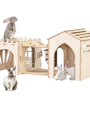 Woiworco Extra Large Rabbit Castle Hideout Bunny House with 3 Houses and Toys, Wooden Bunny Hideout Indoor Large Rabbit Hutch Play Houses and Hideouts Nut Castle Hamsters and Guinea Pigs Hut to Hide