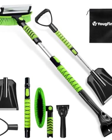 YOUGFIN 4 in 1 Ice Scraper & Snow Brush & Snow Shovel for Home Car, 43" Extendable Window Ice Removal with Squeegee for Windshield, Heavy Duty Snow Cleaner with Foam Grip & 180° Rotating Head for Auto