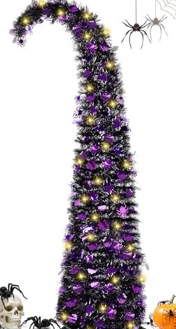 MACTING Whimsical Halloween Tree with 120 LED Lights Timer 5FT Christmas Pop Up Tinsel Tree Easy-Assembly Collapsible Curved Tree Battery Operated for Apartment Porch Home Indoor Outdoor Xmas Decor
