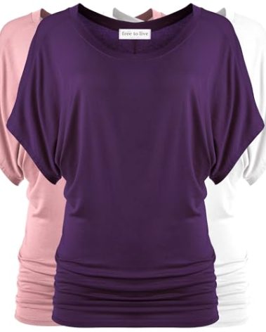 Free to Live 3 Pack Dolman Short Sleeve Business Casual Tops for Women Shirts Fall Dressy Tunic (Medium, Dark Purple, Rose, White)