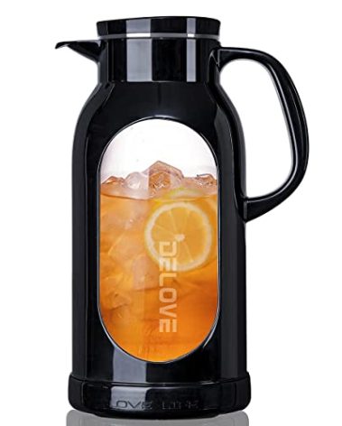 Delove 68 oz/2 Liter Glass Pitcher with Shatterproof Shell - Heat Resistant Glass Liner - Stainless Steel Lid - Carafe & Jug for Iced Tea,Hot/Cold Water,Homemade Juice Beverages (Black)