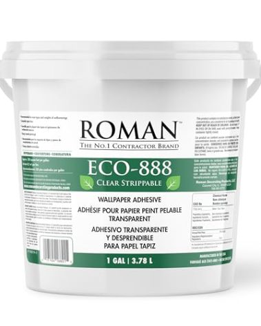 ROMAN’s ECO-888 Clear, Strippable, Wallpaper Adhesive, Easy Installation Glue/Paste, Clear, Zero VOC, Home Improvement (1 Gallon - 330 sq. ft.)