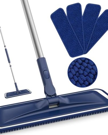 Microfiber Mops for Floor Cleaning - BPAWA Flat Floor Mop Wet Dry Use for Hardwood Floors Laminate Wood Tile Vinyl Wall Hard Surface, Bathroom Kitchen Dust Mop with 4 Reusable Washable Chenille Pads