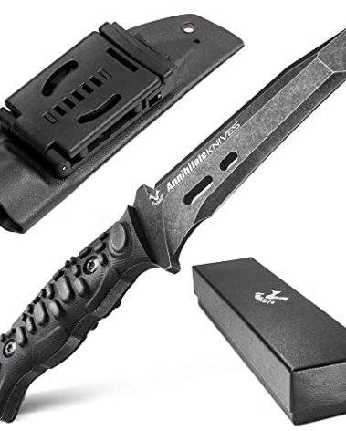 ZUNE LOTOO Tactical Survival Knife with Kydex Sheath, D2 Steel Fixed Blade Knives & G10 Handle, Full Tang Knife for Men Camping Hiking Hunting Bushcraft Black