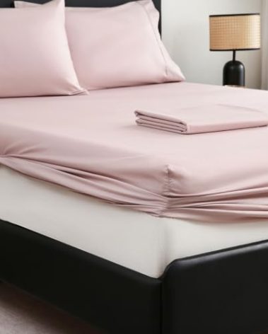 MEISHANG Extra Deep Pocket King Sheets Cotton - 1000 Thread Count Sheet Set - Fits 18"-24" in Deep Mattress,100% Egyptian Cotton,Sateen Weave, Soft & Breathable - 4 Piece (King, Light Pink)