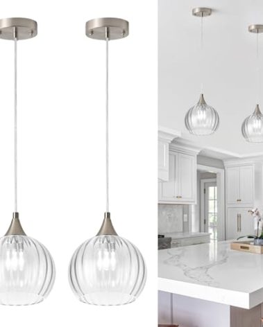 Brushed Nickel Pendant Lights Kitchen Island, Globe Pendant Light Fixtures with 8 Inch Clear Glass Shade, Modern Hanging Light Fixtures for Kitchen, Bedroom (2 Pack - Clear Glass Pendant Light)